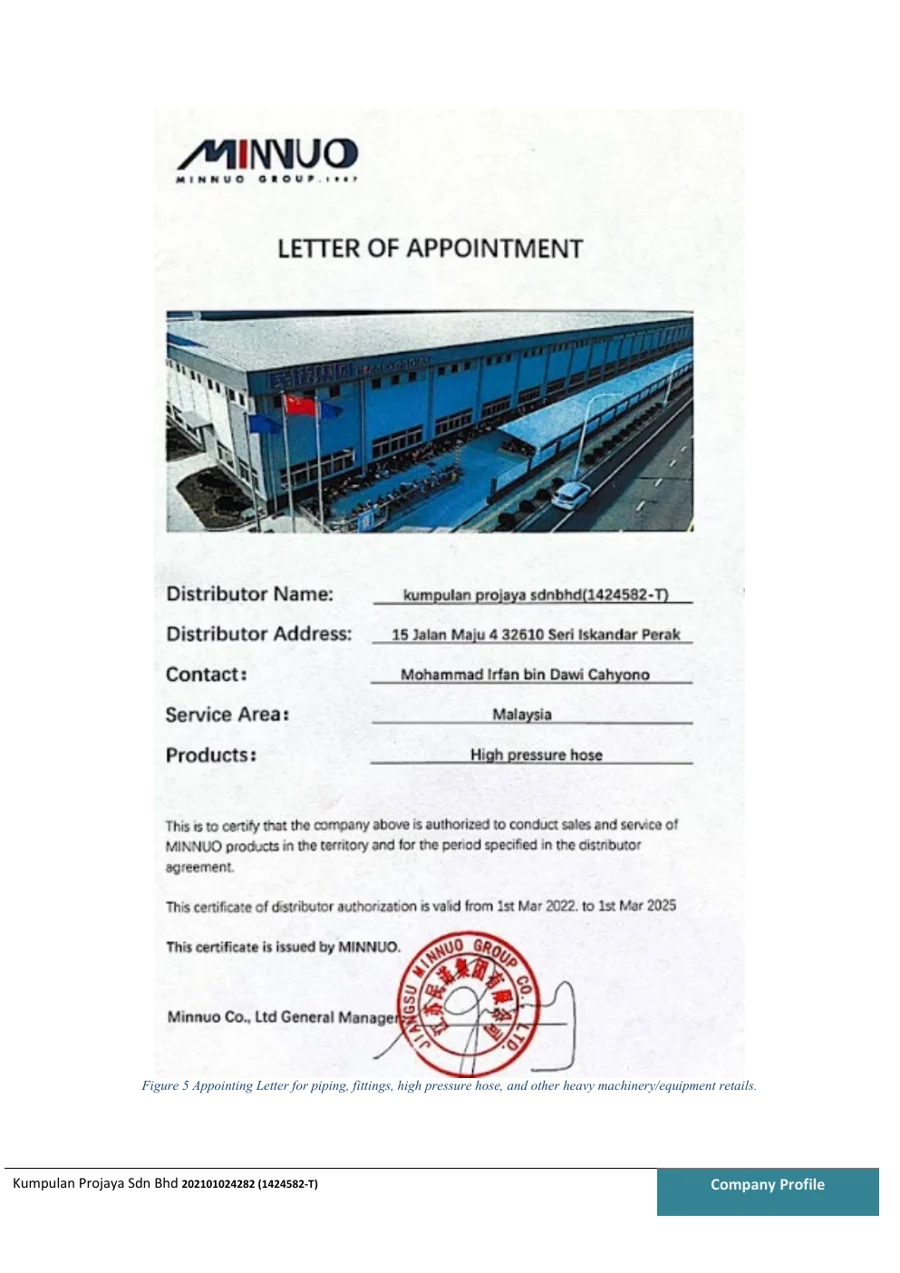 Minnuo appointment letter for Kumpulan Projaya