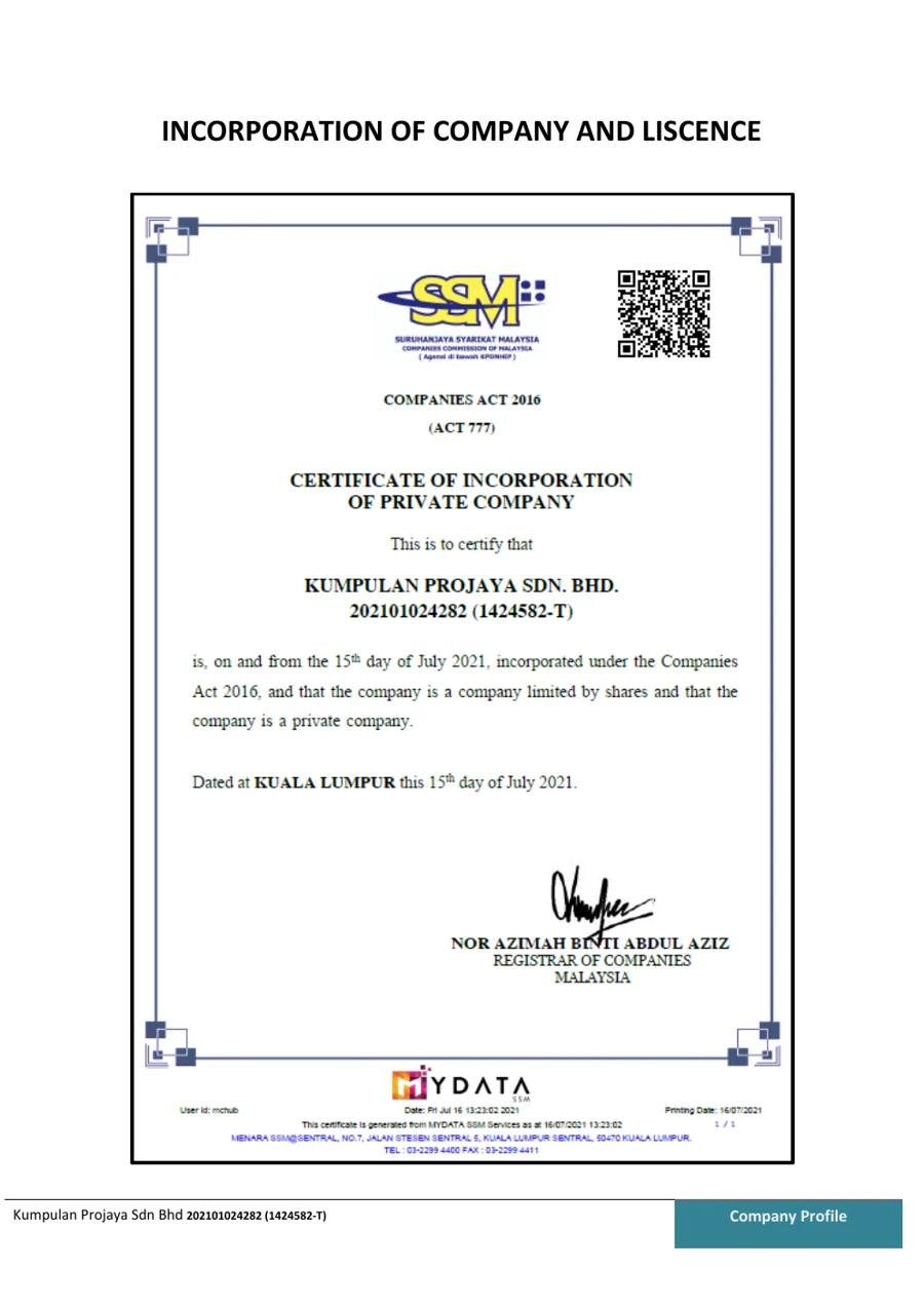 Kumpulan Projaya certificate of incorporation
