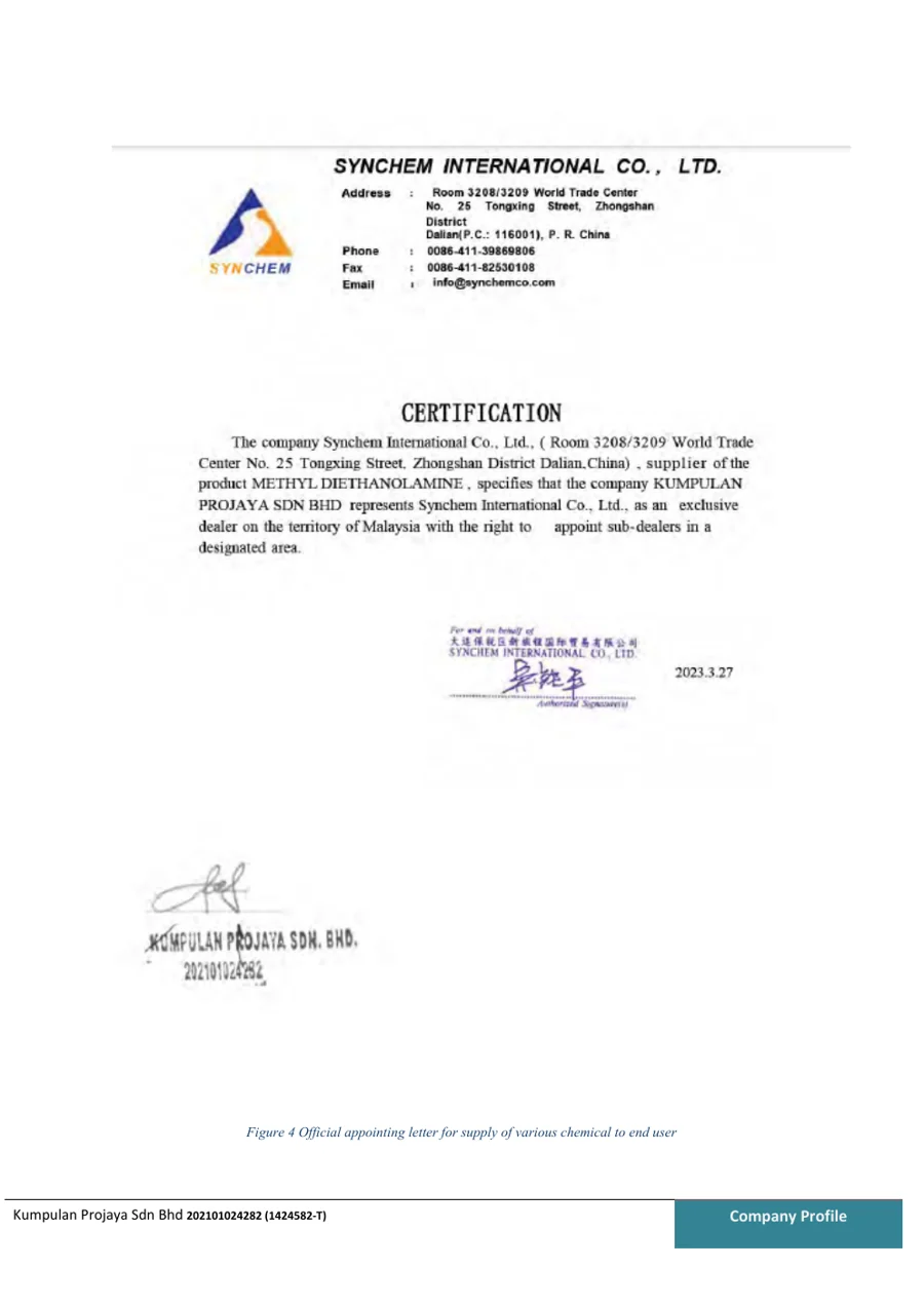 Synchem appointment letter for Kumpulan Projaya